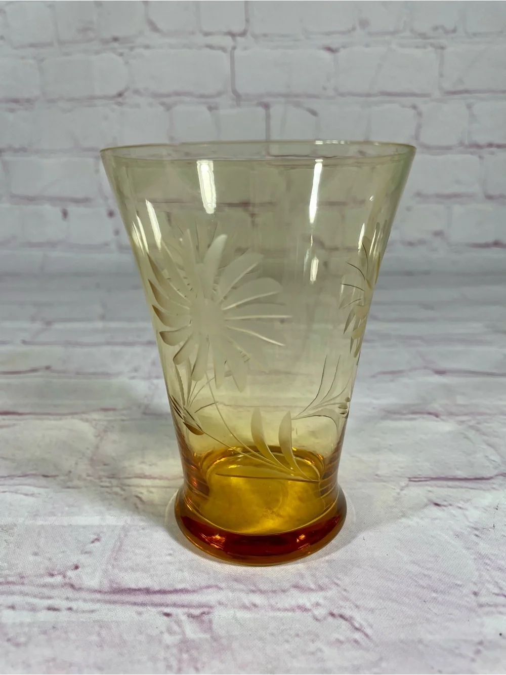 Vintage Amber Glass Etched Floral Tumbler Pair